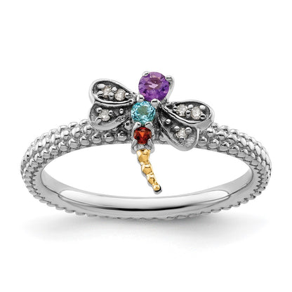 Sterling Silver&14k Stackable Expressions Gemstone & Diamond Dragonfly Ring