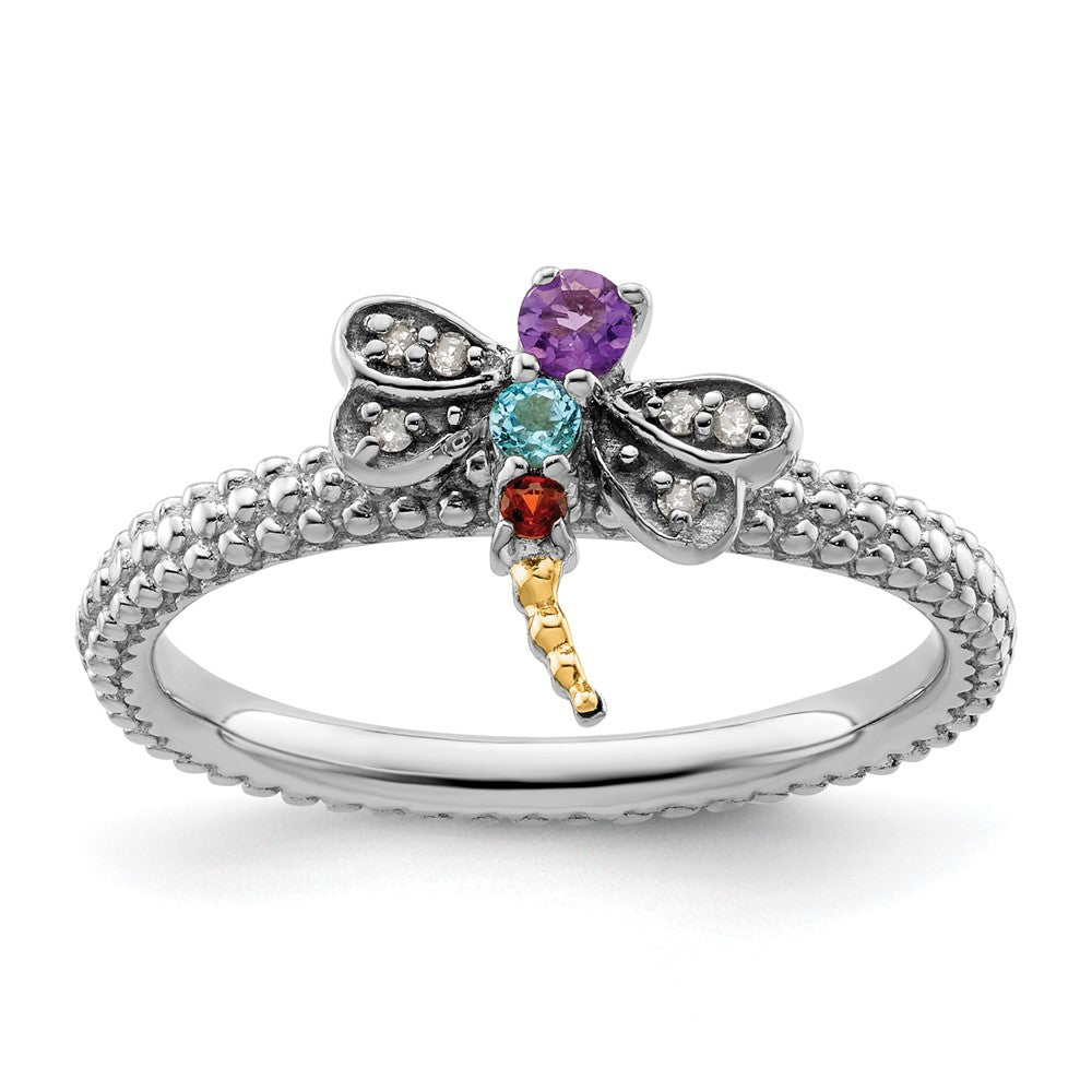 GSSR Sterling Silver&14k Stackable Expressions Gemstone & Diamond Dragonfly Ring