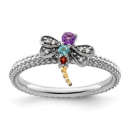 GSSR Sterling Silver&14k Stackable Expressions Gemstone & Diamond Dragonfly Ring