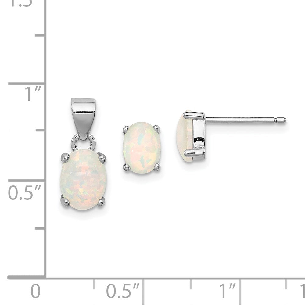 SSG Sterling Silver Rhod-plate Oval Created Opal Pendant/Earrings Set
