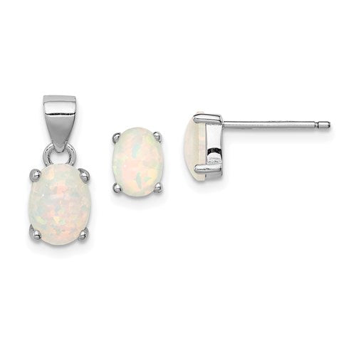 SSG Sterling Silver Rhod-plate Oval Created Opal Pendant/Earrings Set