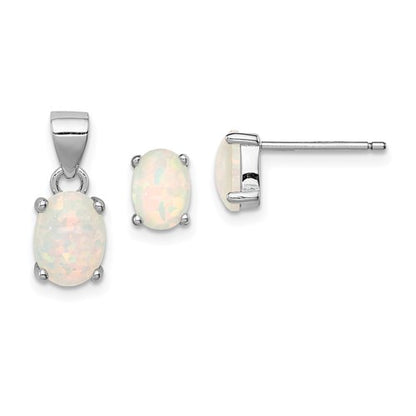 SSG Sterling Silver Rhod-plate Oval Created Opal Pendant/Earrings Set