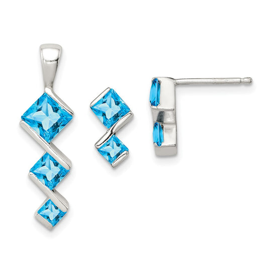 GSS Sterling Silver Polished Blue Topaz Pendant and Post Earrings Set