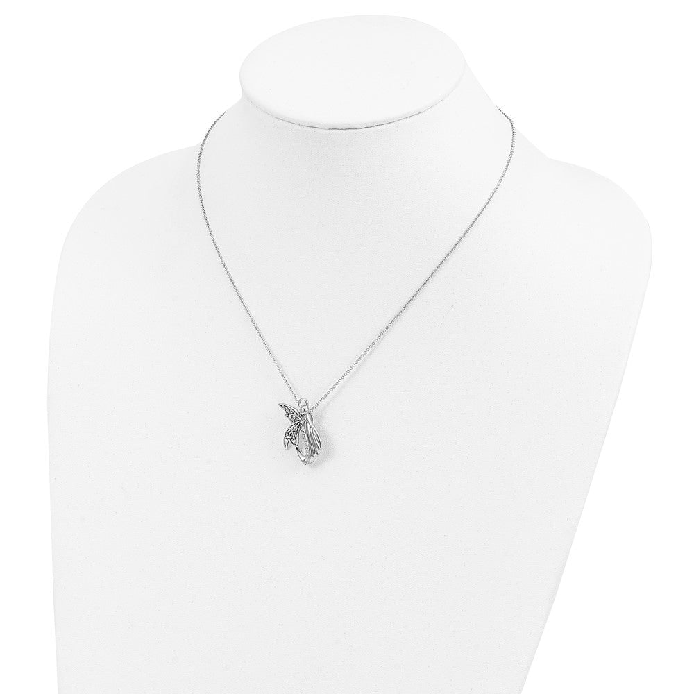 Sentimental Expressions Sterling Silver Rhodium-plated CZ Antiqued Angel of Perseverance 18in Necklace