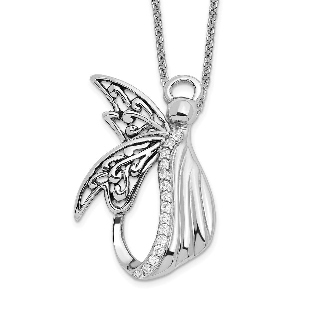 Sentimental Expressions Sterling Silver Rhodium-plated CZ Antiqued Angel of Perseverance 18in Necklace