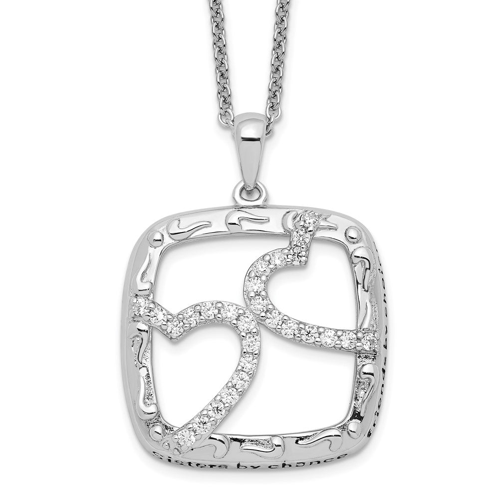 Sentimental Expressions Sterling Silver Rhodium-plated Antiqued CZ Sisters By Chance 18in Hearts Necklace