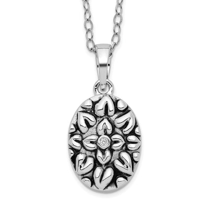 Sentimental Expressions Sterling Silver Rhodium-plated CZ Antiqued Flower Ash Holder 18 Inch Necklace