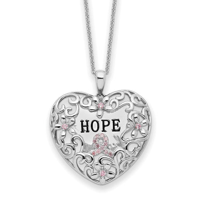 Sentimental Expressions Sterling Silver Rhodium-plated Pink CZ Breast Cancer Heart 18in Necklace