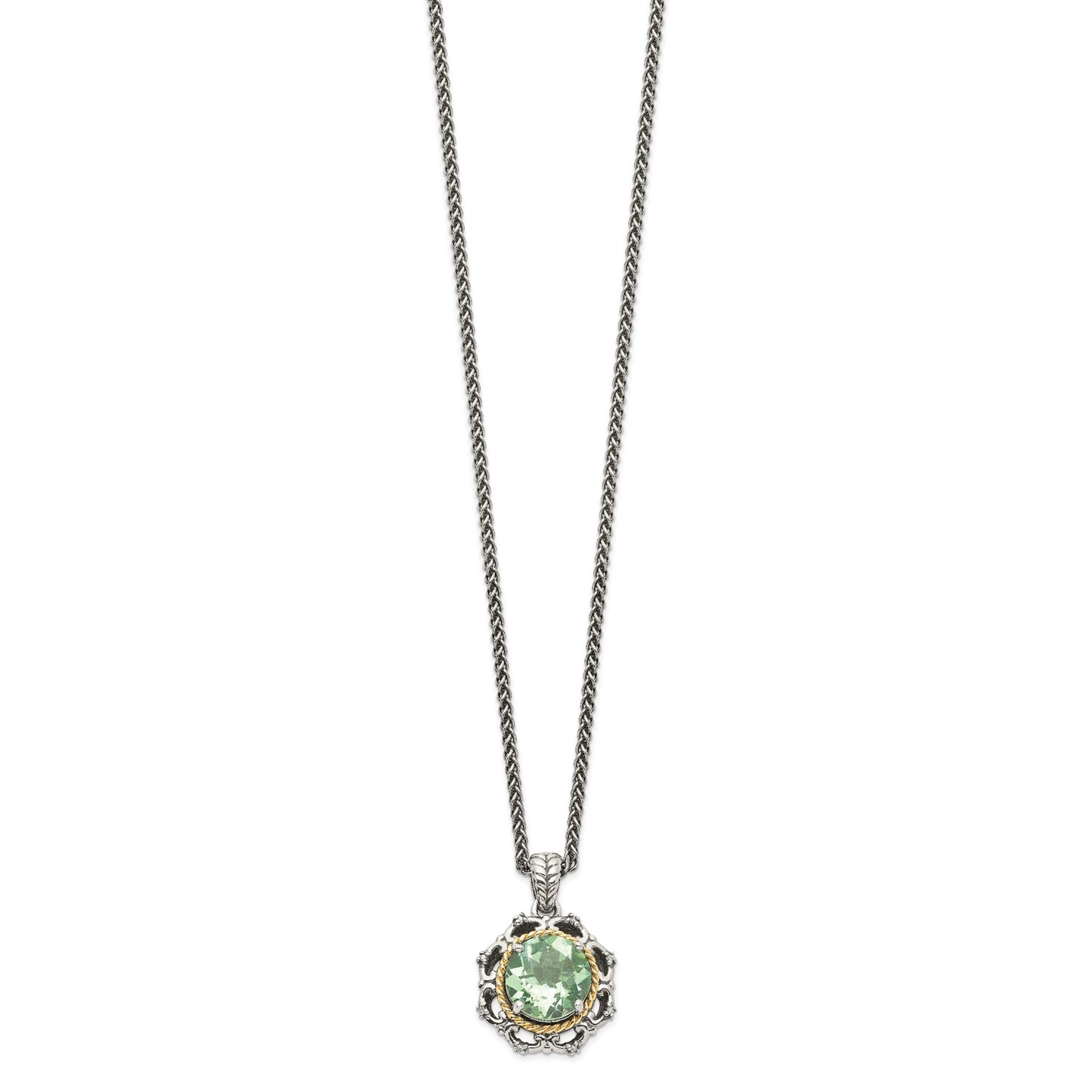 Shey Couture Sterling Silver with 14K Accent 18 Inch Antiqued Round Green Quartz and Diamond Necklace