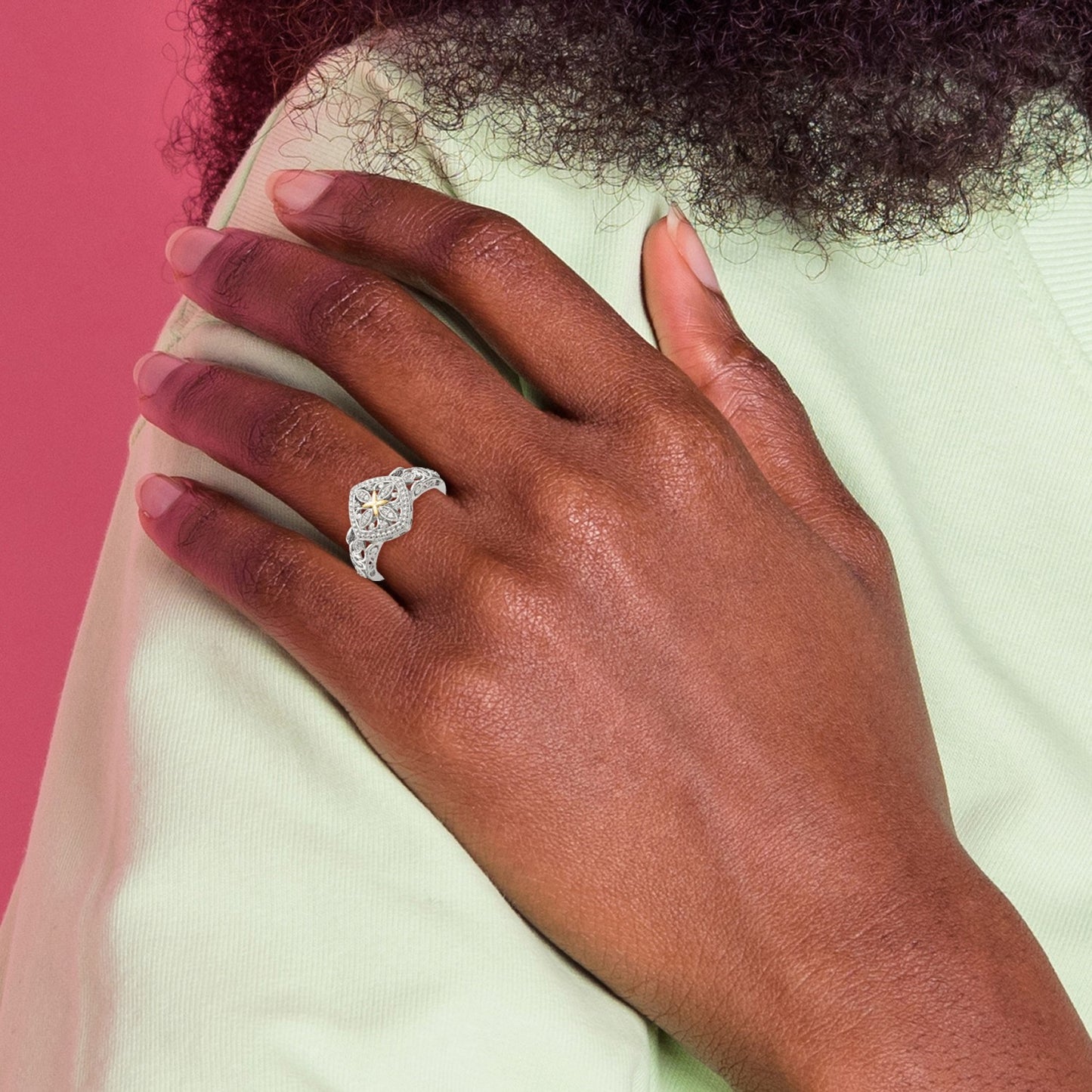 DSS Sterling Silver Rhodium-plated with 14K Accent Diamond Ring
