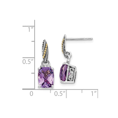 Shey Couture Sterling Silver with 14K Accent Antiqued Diamond and Cushion Amethyst Dangle Post Earrings