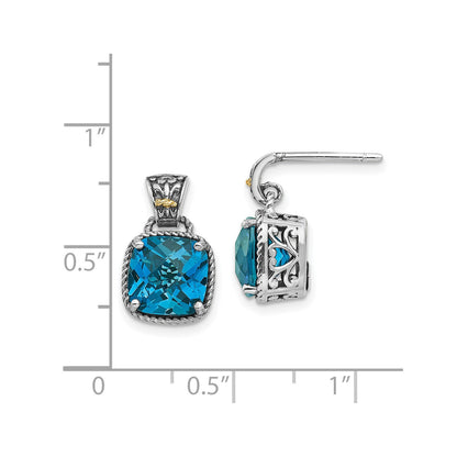 Shey Couture Sterling Silver with 14K Accent Antiqued Cushion London Blue Topaz Post Dangle Earrings