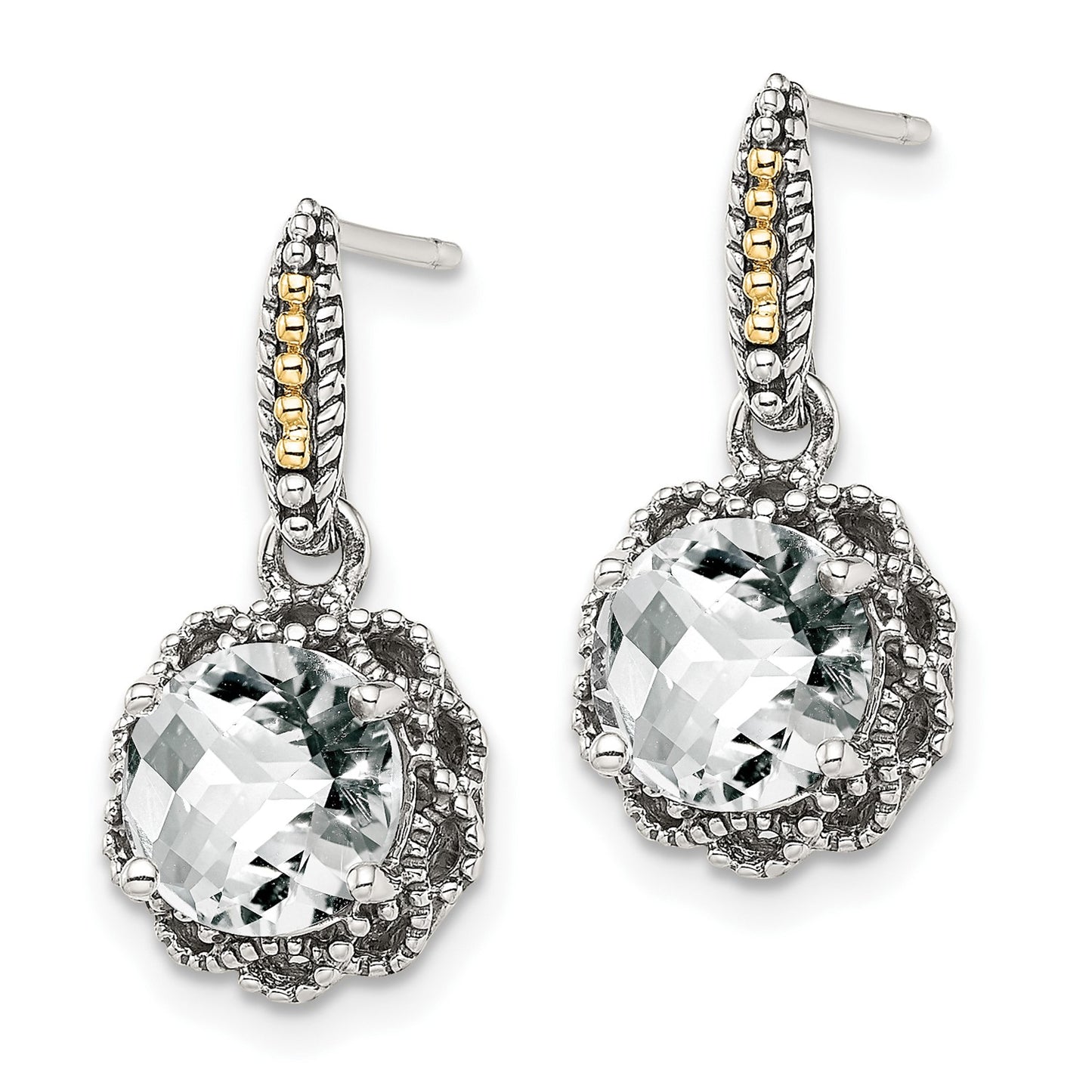 Shey Couture Sterling Silver with 14K Accent Antiqued Round White Topaz Dangle Post Earrings