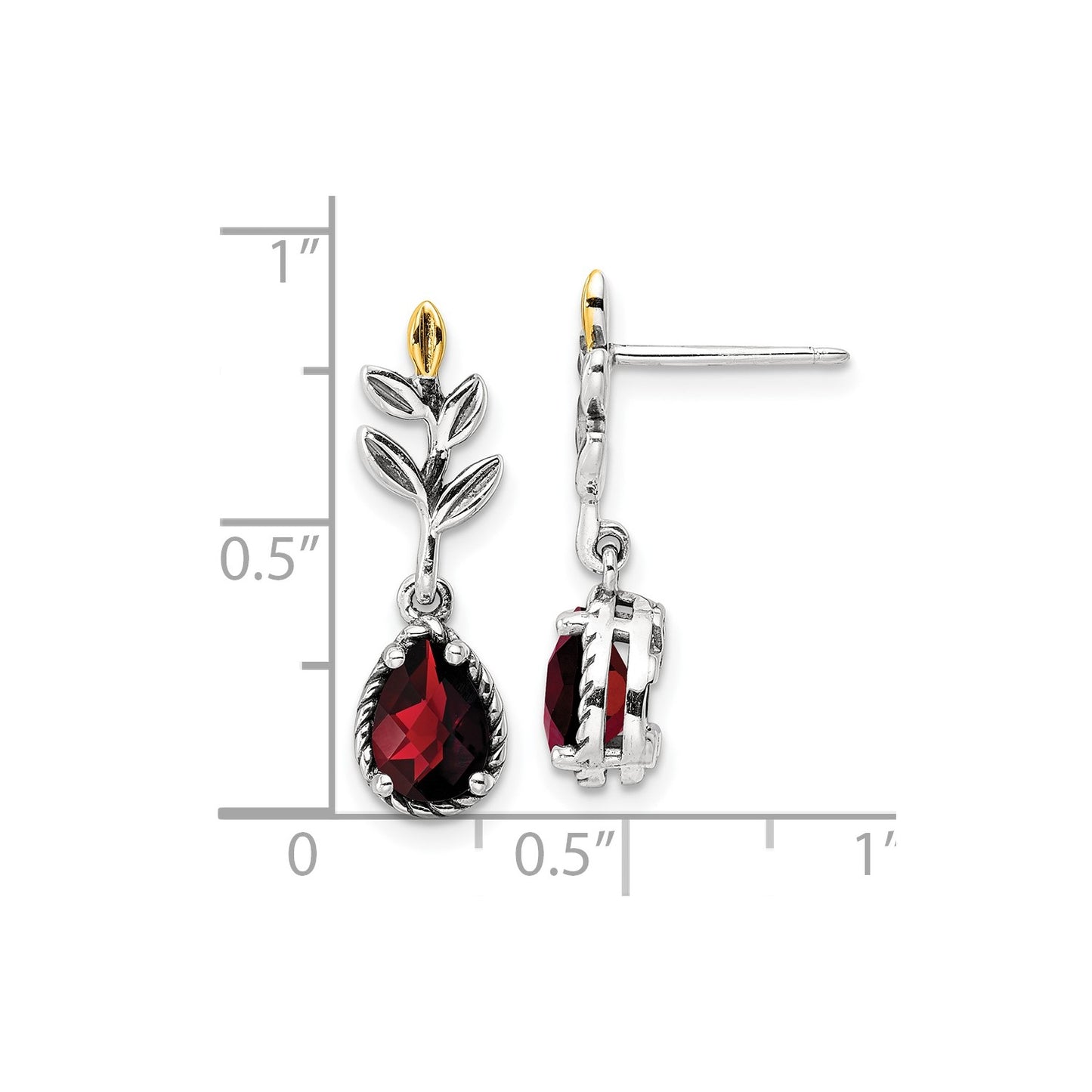 Shey Couture Sterling Silver with 14K Accent 18 Inch Antiqued Leaves Pear Shaped Checkerboard Garnet Leaves Dangle Post Earrings