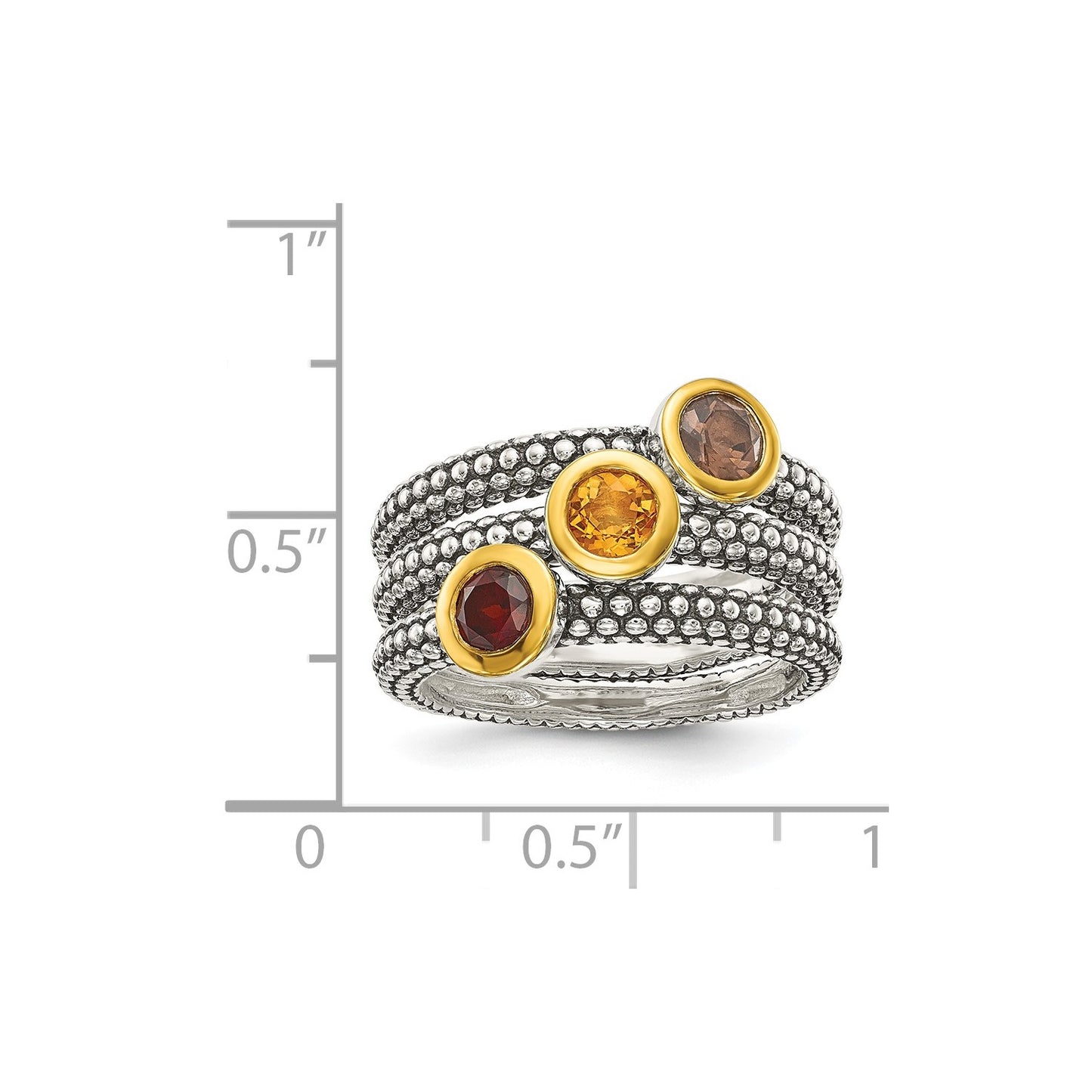 Shey Couture Sterling Silver Gold-tone Flash Gold-plated Antiqued Round Bezel .30Garnet/.20Citrine/.20Smoky Quartz 3 Stackable Rings