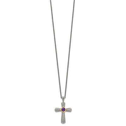 Shey Couture Sterling Silver with 14K Accent 18 Inch Antiqued Cushion Bezel Amethyst Cross Necklace