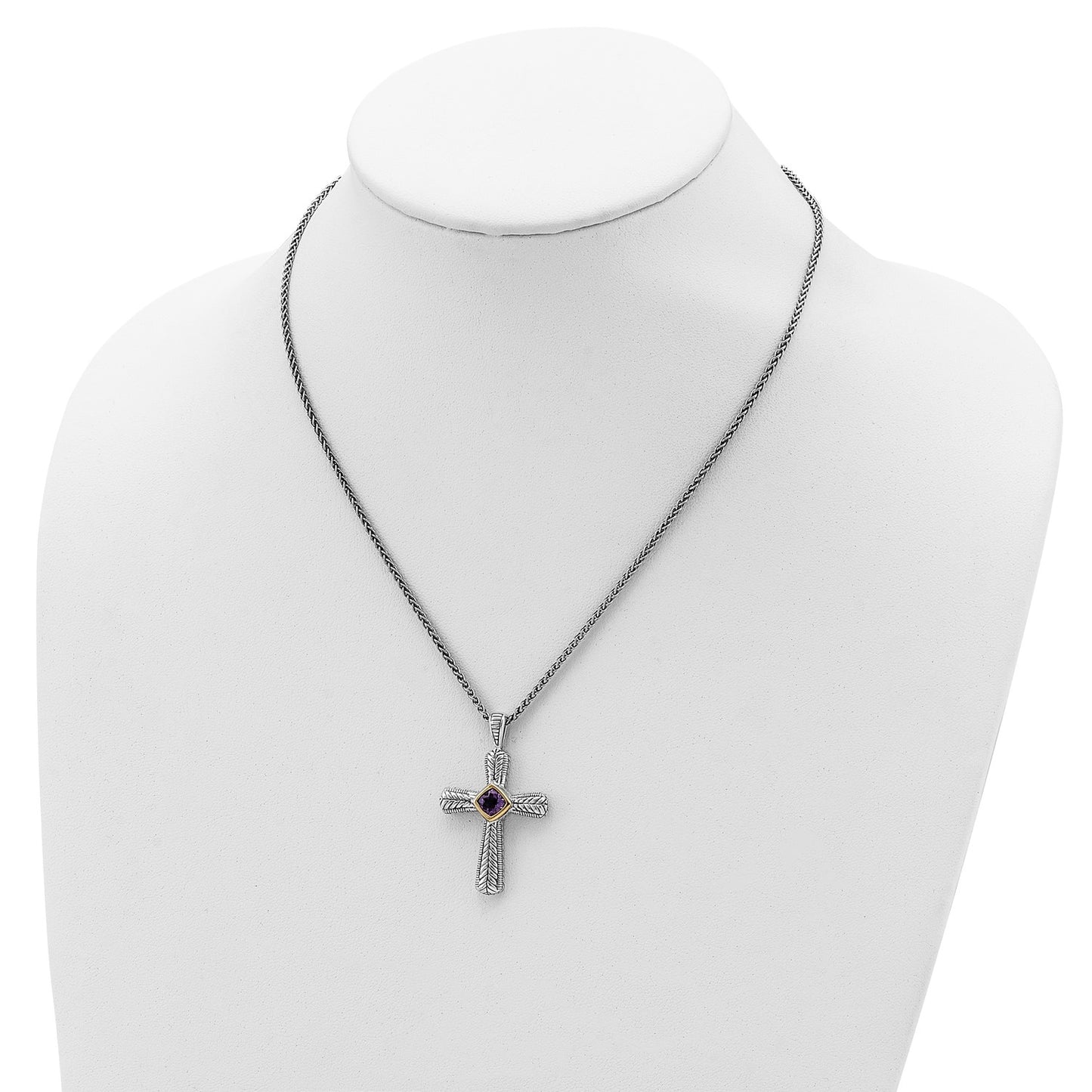 Shey Couture Sterling Silver with 14K Accent 18 Inch Antiqued Cushion Bezel Amethyst Cross Necklace