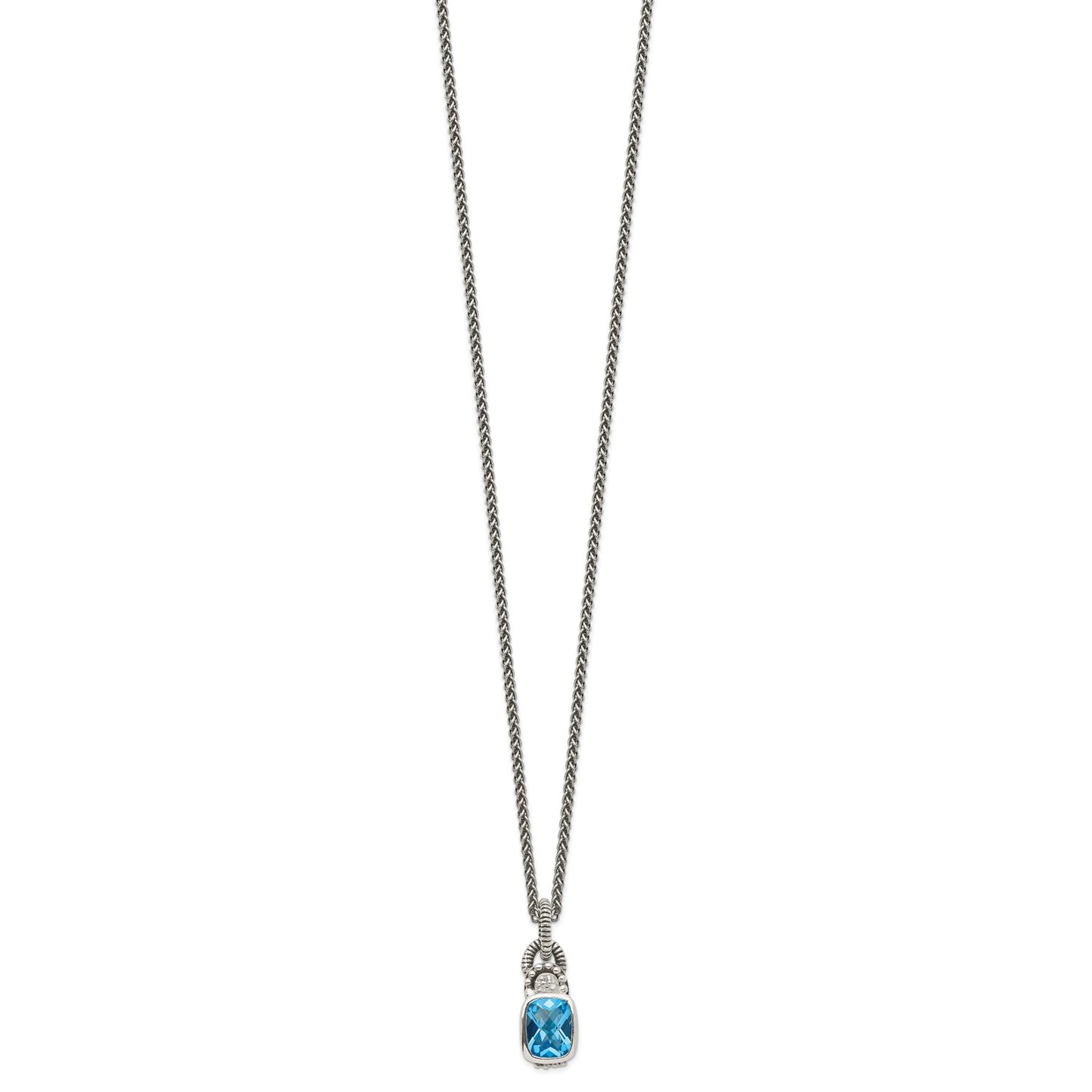 Shey Couture Sterling Silver 18 Inch Antiqued Cushion Bezel Sky Blue Topaz and Diamond Necklace