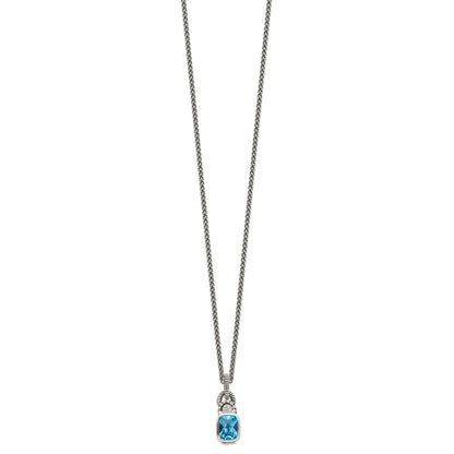 Shey Couture Sterling Silver 18 Inch Antiqued Cushion Bezel Sky Blue Topaz and Diamond Necklace