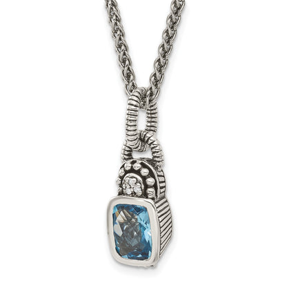 Shey Couture Sterling Silver 18 Inch Antiqued Cushion Bezel Sky Blue Topaz and Diamond Necklace