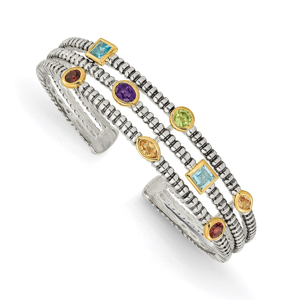GSSB Sterling Silver with 14K Accent Antiqued Bezel .36Amethyst/.55Blue Topaz/.18Citrine/.35Garnet/.30Peridot Cuff Bracelet