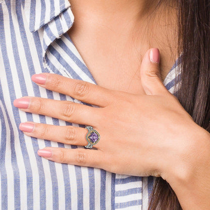 Shey Couture Sterling Silver with 14K Accent Antiqued Checkerboard-cut Cushon Amethyst Ring