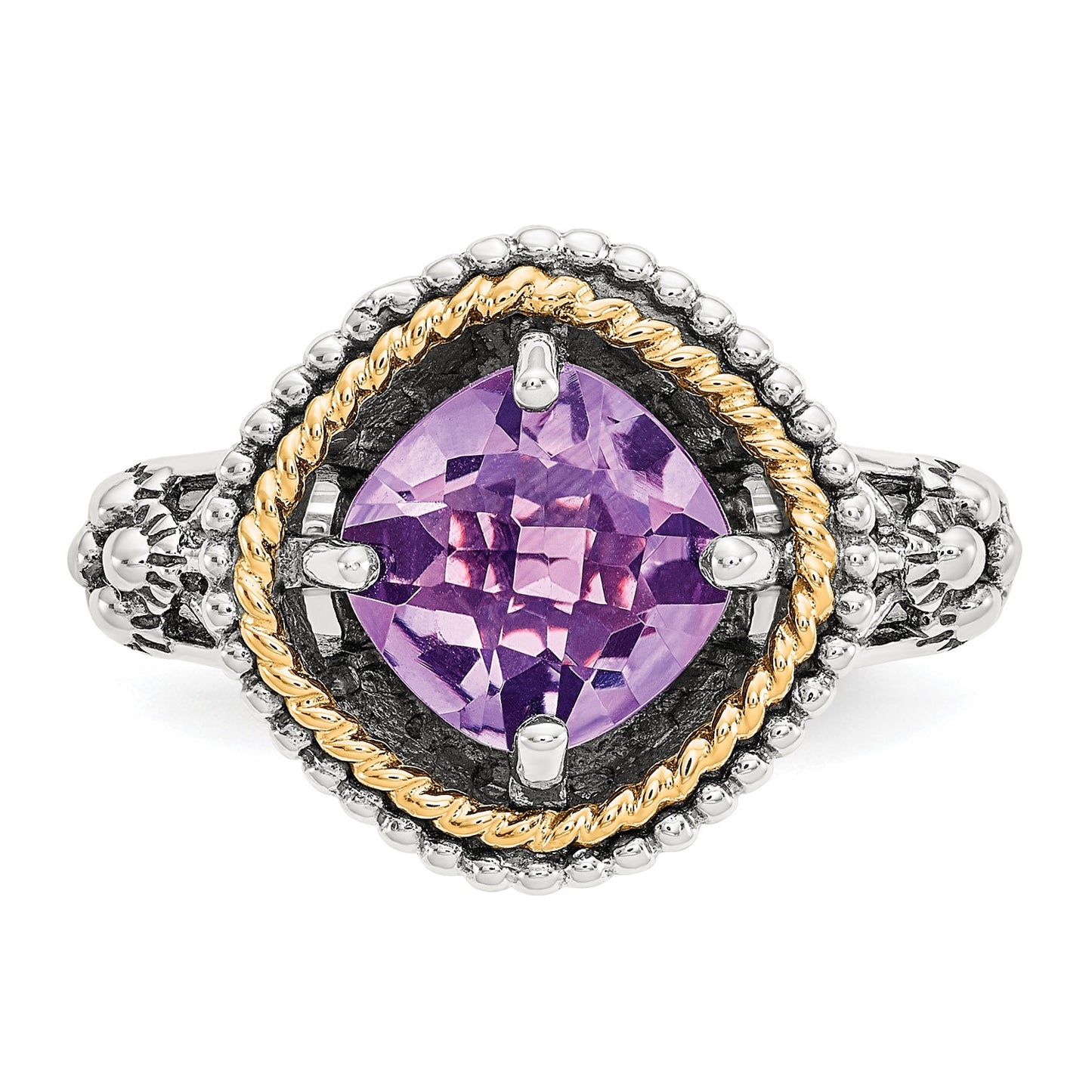 Shey Couture Sterling Silver with 14K Accent Antiqued Checkerboard-cut Cushon Amethyst Ring