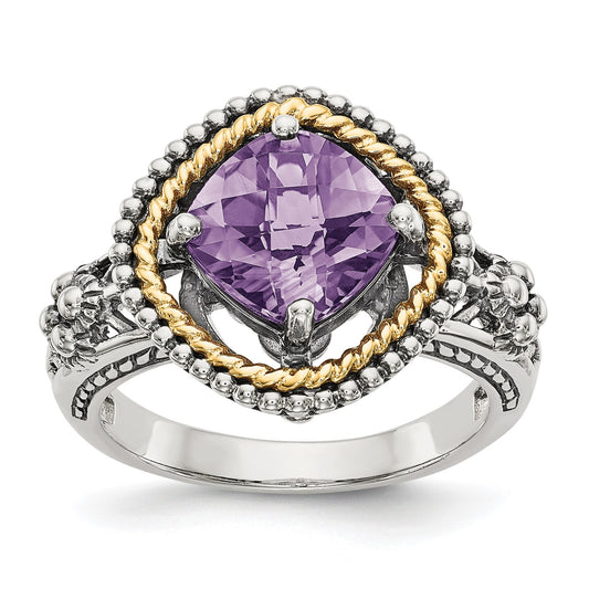 Shey Couture Sterling Silver with 14K Accent Antiqued Checkerboard-cut Cushon Amethyst Ring