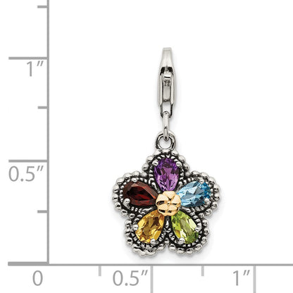 GSS Sterling Silver with 14K Accent Antiqued Pear Shaped Amethyst Citrine Blue Topaz Peridot and Garnet Multicolored Gemstone Flower with Lobster Clasp Charm