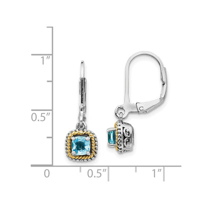 Shey Couture Sterling Silver with 14K Accent Antiqued Cushion Blue Topaz Leverback Dangle Earrings