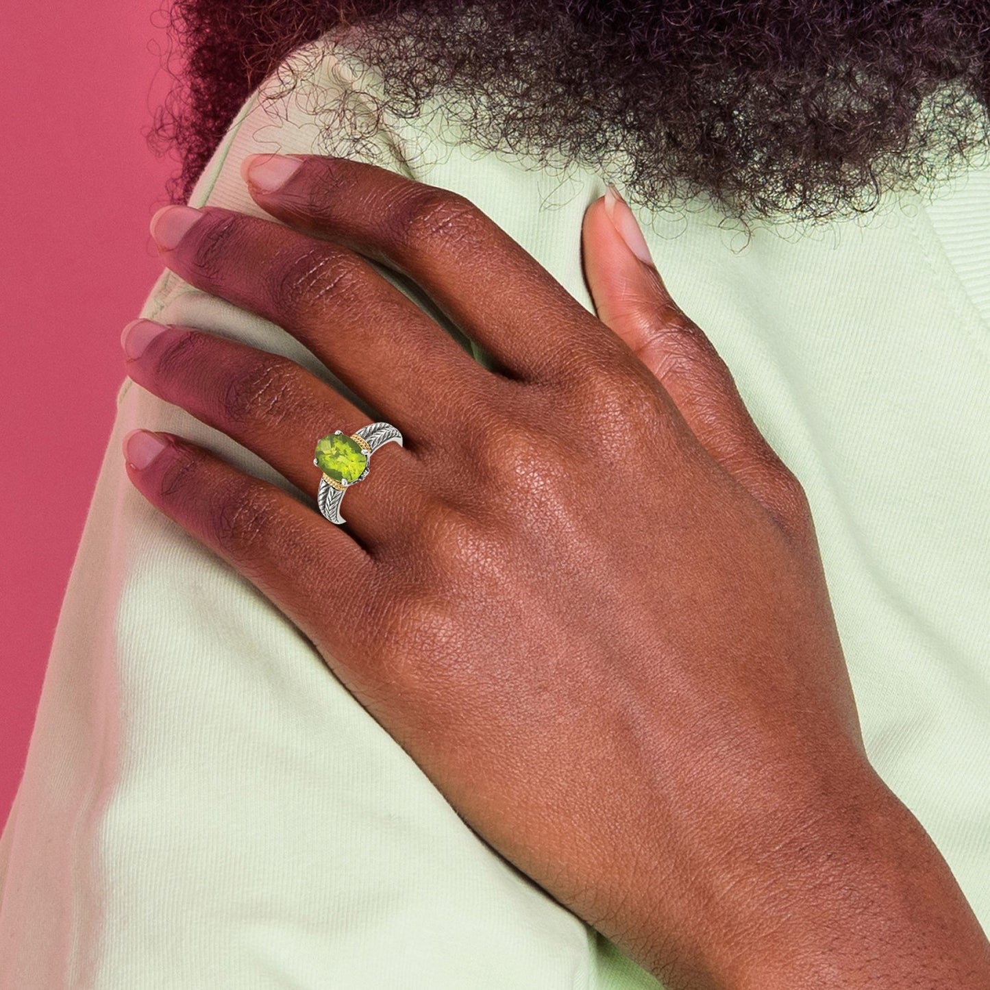 GSS Sterling Silver with 14K Accent Antiqued Oval Peridot Ring