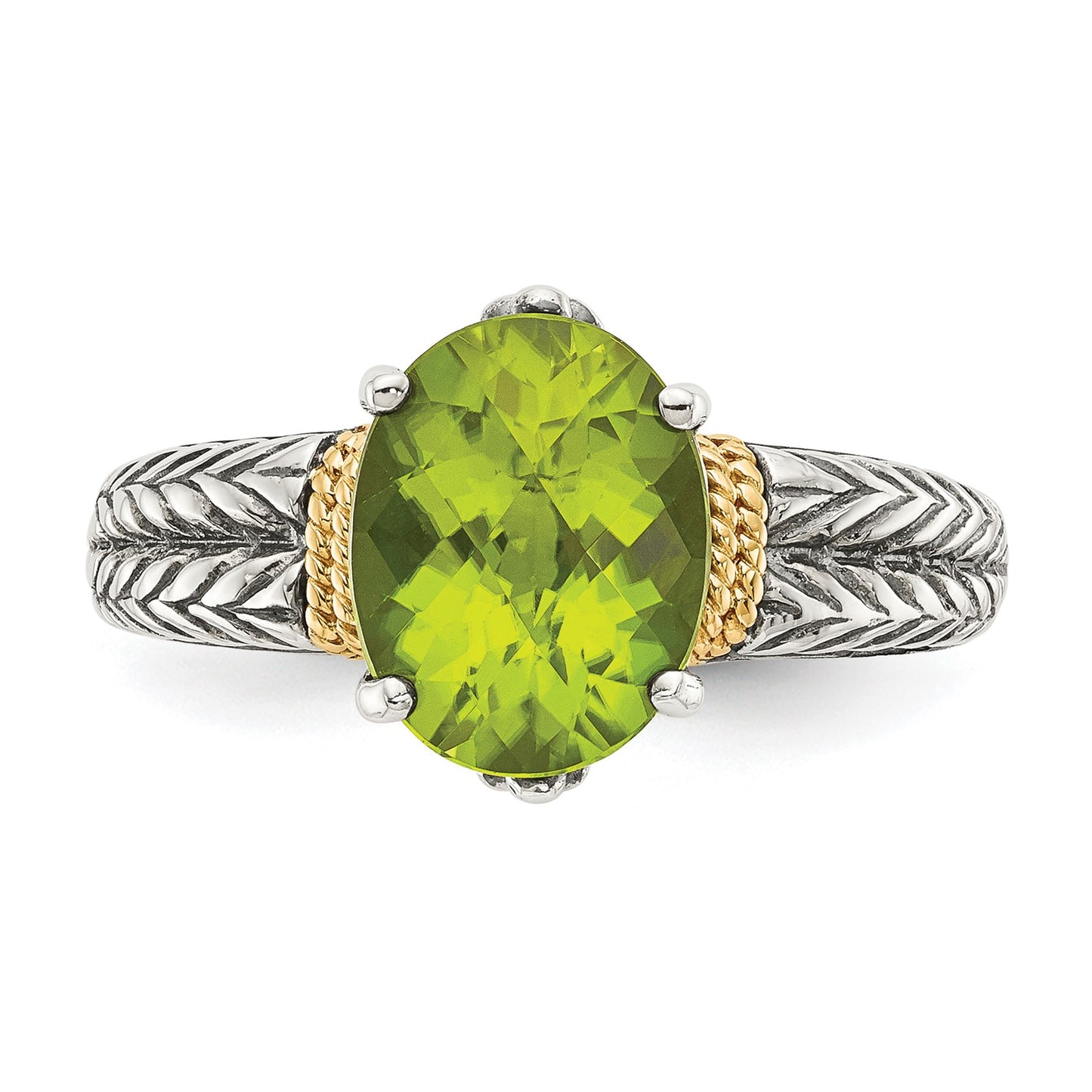 GSS Sterling Silver with 14K Accent Antiqued Oval Peridot Ring