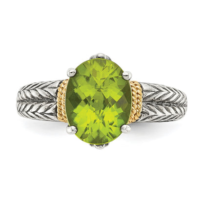GSS Sterling Silver with 14K Accent Antiqued Oval Peridot Ring