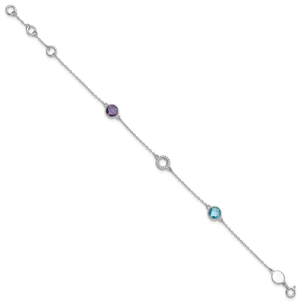 White Ice Sterling Silver/Rhodium-plated Diamond, Blue Topaz, Amethyst 6.25 inch Bracelet plus 1 inch Extender