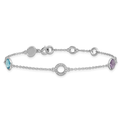 White Ice Sterling Silver/Rhodium-plated Diamond, Blue Topaz, Amethyst 6.25 inch Bracelet plus 1 inch Extender