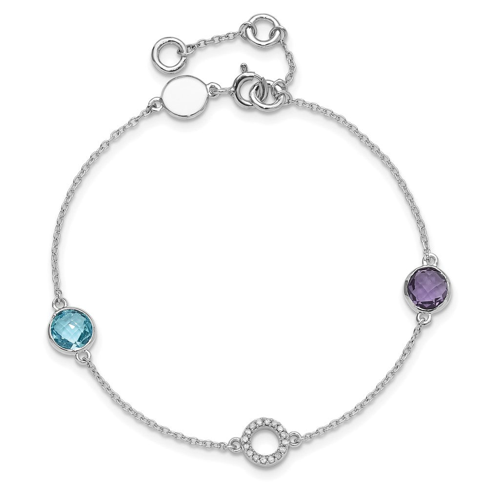 White Ice Sterling Silver/Rhodium-plated Diamond, Blue Topaz, Amethyst 6.25 inch Bracelet plus 1 inch Extender