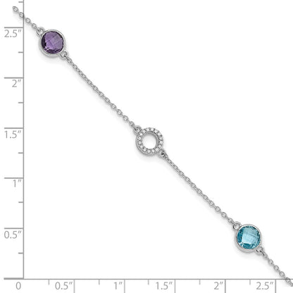 White Ice Sterling Silver/Rhodium-plated Diamond, Blue Topaz, Amethyst 6.25 inch Bracelet plus 1 inch Extender