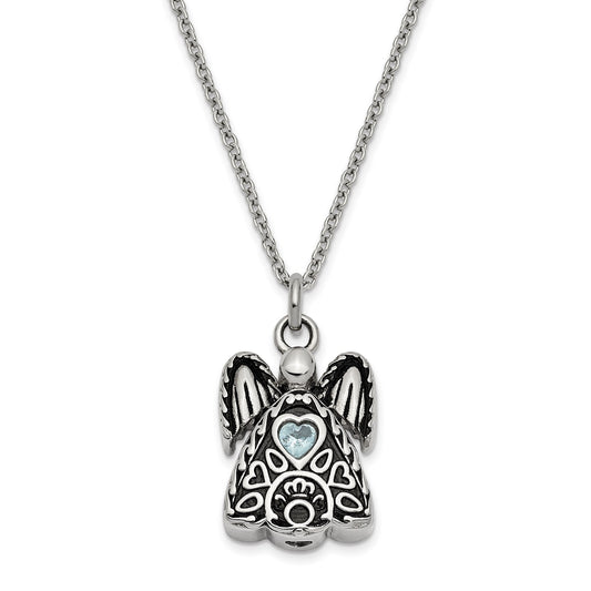 Light Blue CZ March Birthstone Antiqued Angel Ash Holder | Stainless Steel | Sentimental Expressions