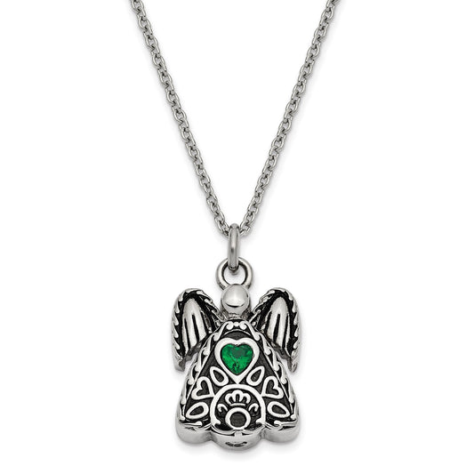 Green CZ May Birthstone Antiqued Angel Ash Holder | Stainless Steel | Sentimental Expressions