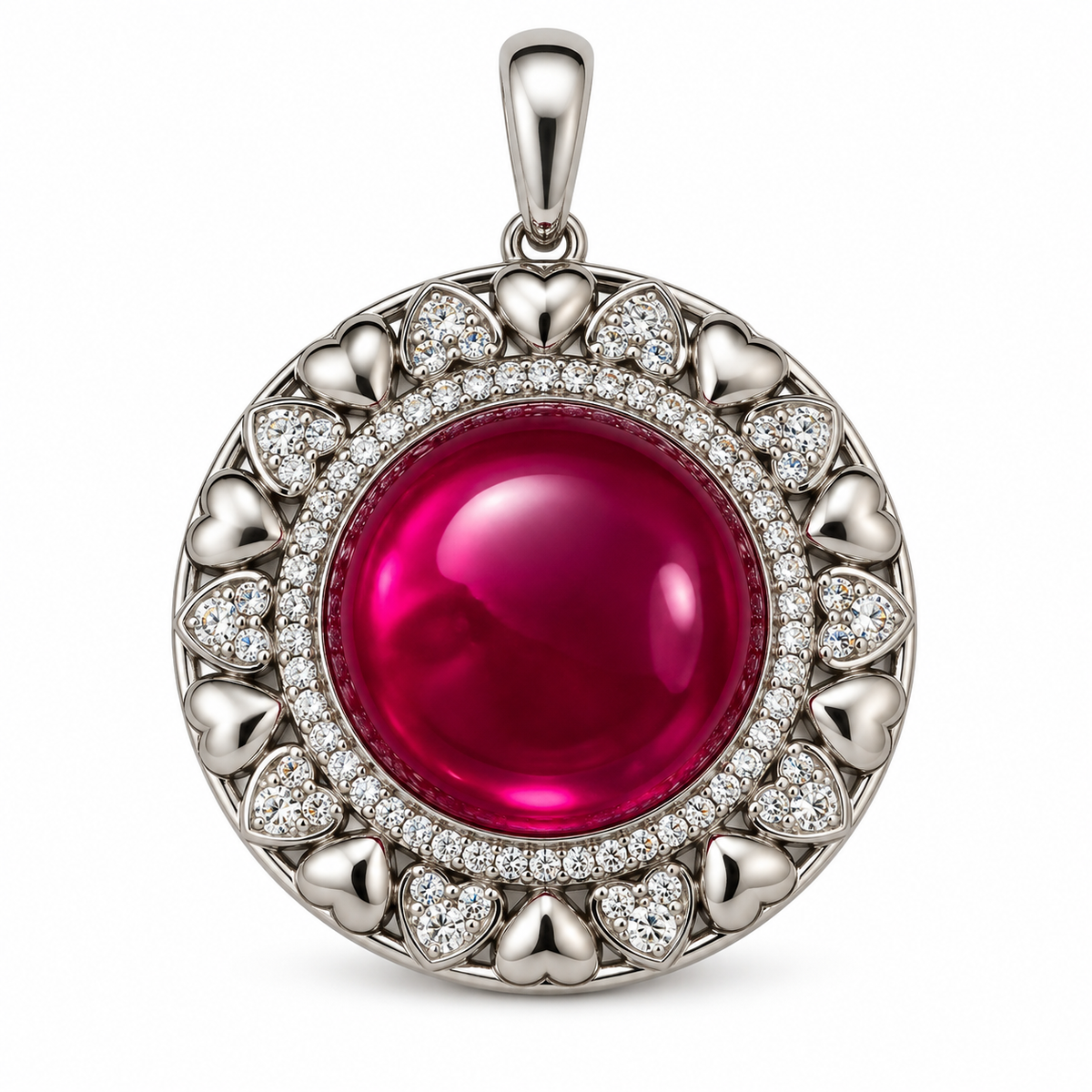 SJ Hearts With Moisannite Gemstone, Rhodium Plated SS Pendant