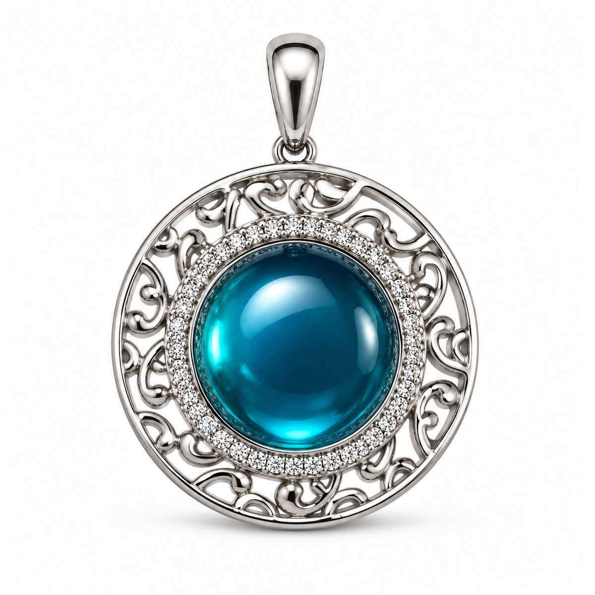 SJ Round Filigree Pendant w/Moissanite Gemstones