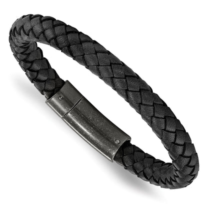 Chisel Stainless Steel Brushed Black Braided Leather 8.25 inch Bracelet