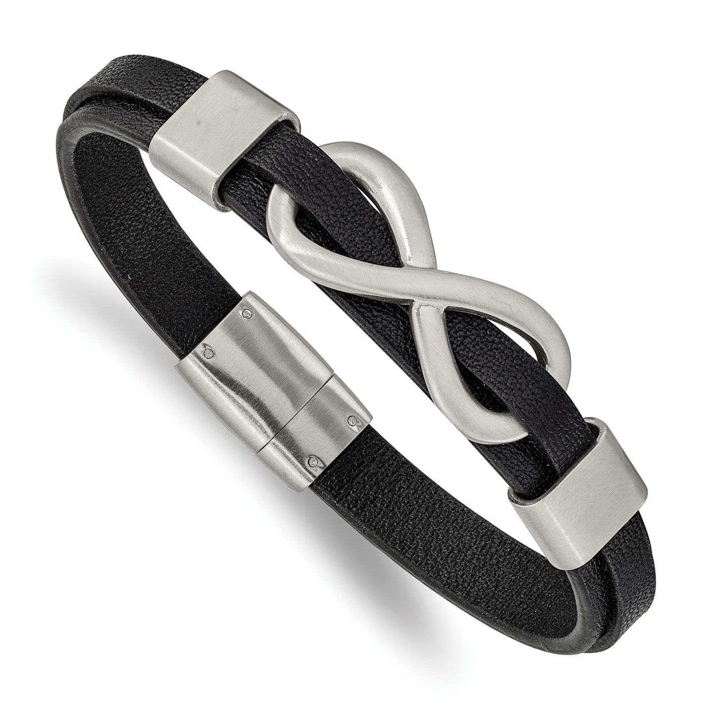 Chisel Stainless Steel Brushed and Polished Infinity Symbol Black Leather 8 inch Bracelet