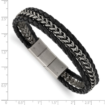 Chisel Stainless Steel Antiqued and Brushed Multi Strand Chain and Black Leather 8.25 inch Bracelet with .5 inch Extension