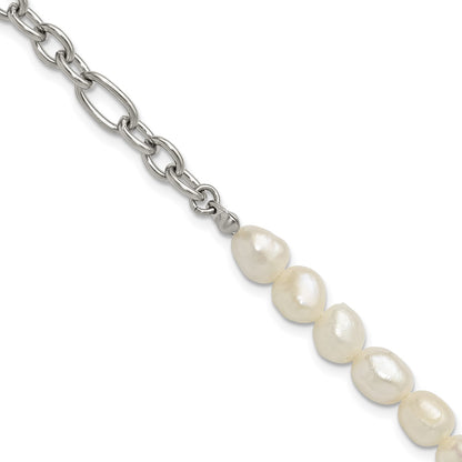 Chisel Stainless Steel Polished with Half White Freshwater Cultured Pearl 8.25 inch Bracelet