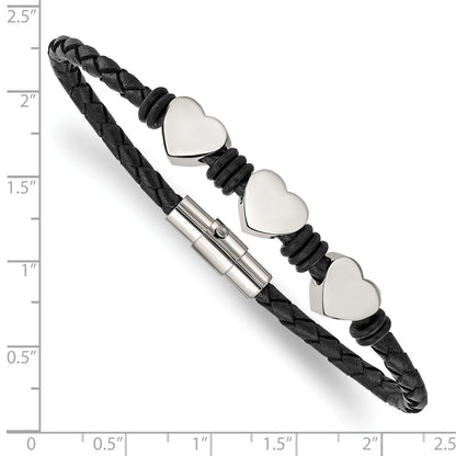 Chisel Stainless Steel Polished Hearts Black Braided Leather and Rubber 7.5 inch Bracelet