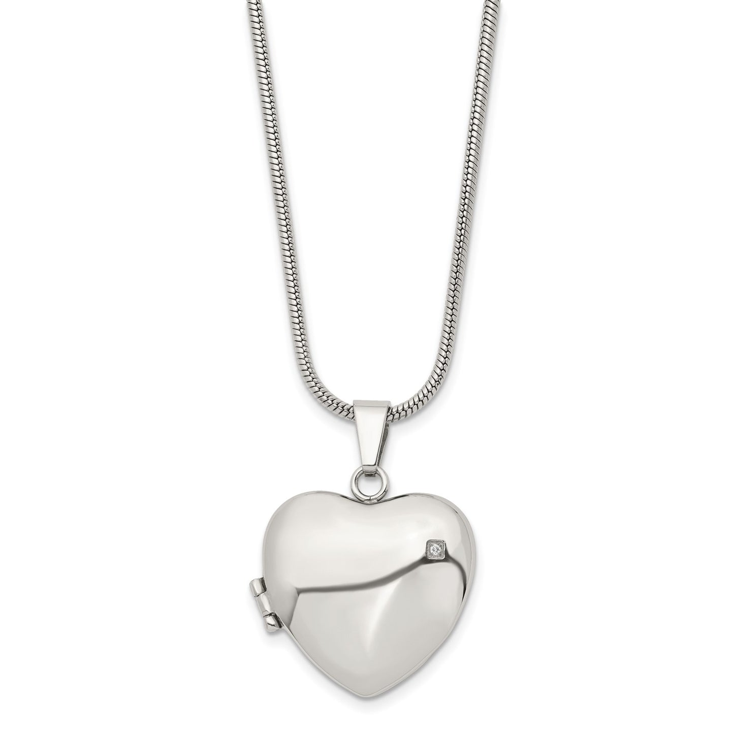 Stainless Steel Polished Heart w/CZ Magnetic Locket 20in Necklace