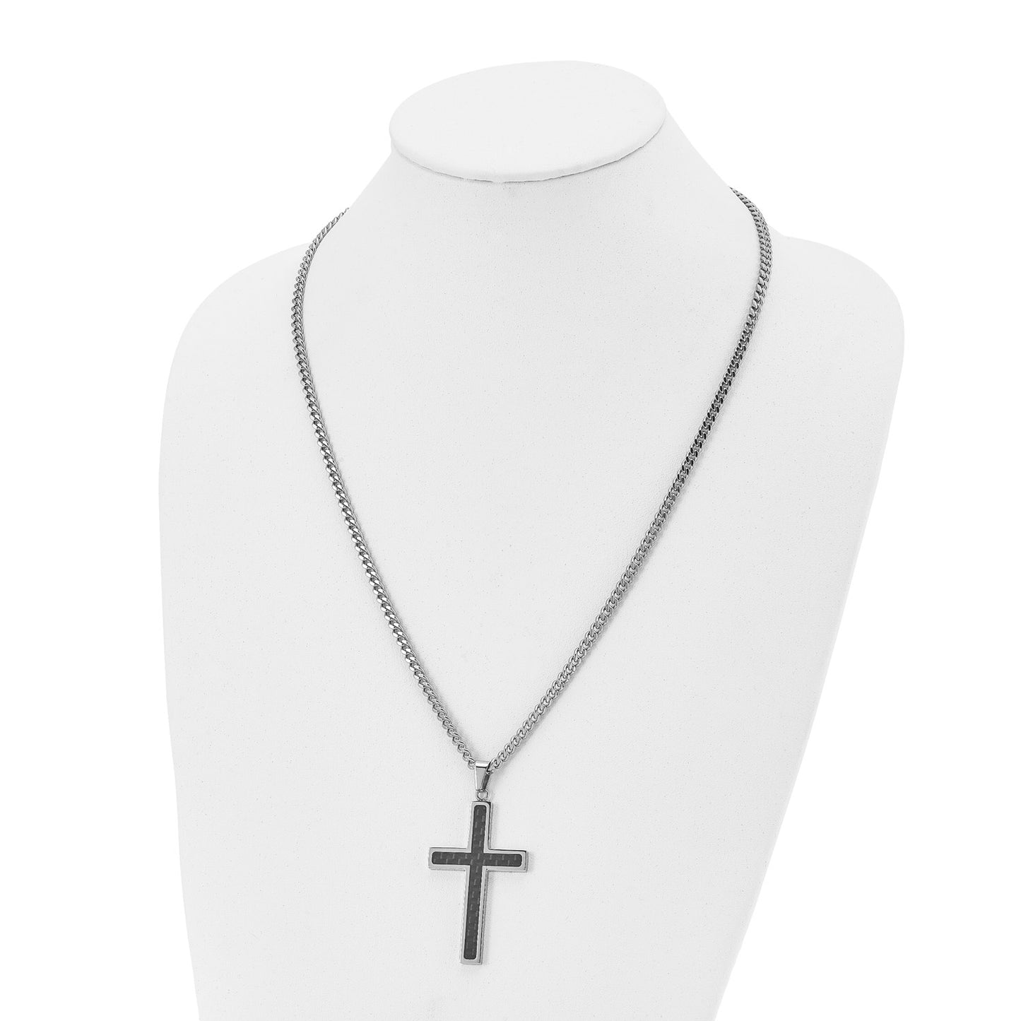 Chisel Stainless Steel Polished with Black Carbon Fiber Inlay Cross Pendant on a 24 inch Curb Chain Necklace