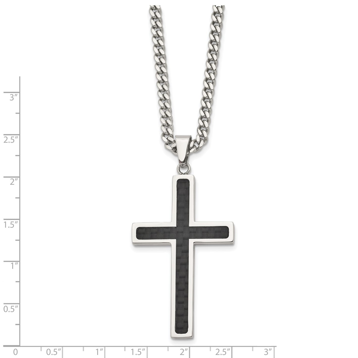 Chisel Stainless Steel Polished with Black Carbon Fiber Inlay Cross Pendant on a 24 inch Curb Chain Necklace