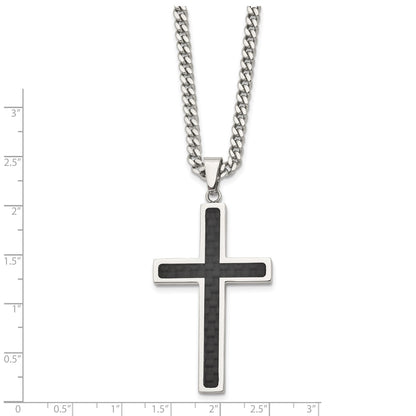 Chisel Stainless Steel Polished with Black Carbon Fiber Inlay Cross Pendant on a 24 inch Curb Chain Necklace